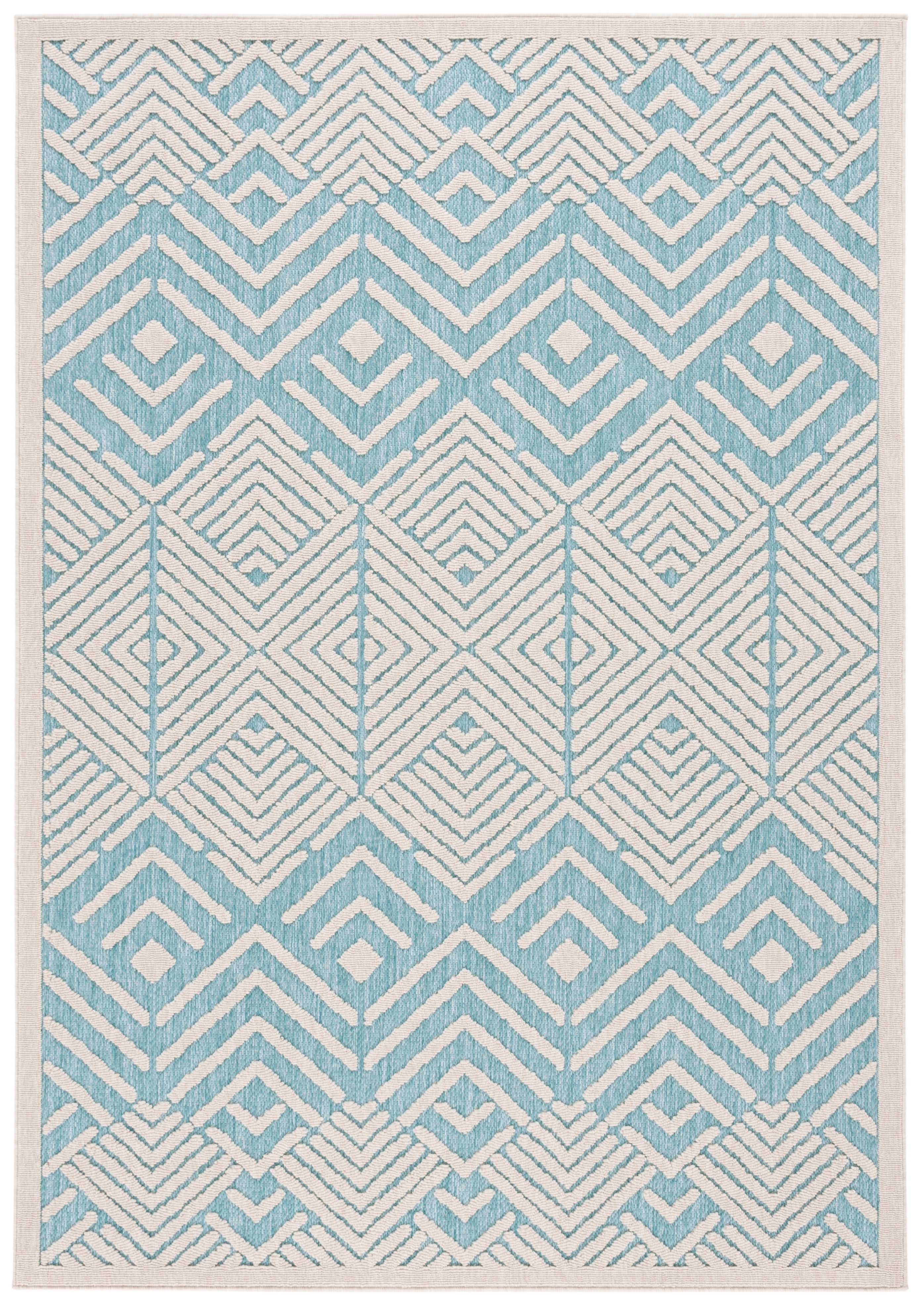 Ivory and Turquoise Geometric 5' x 7' Wool Area Rug