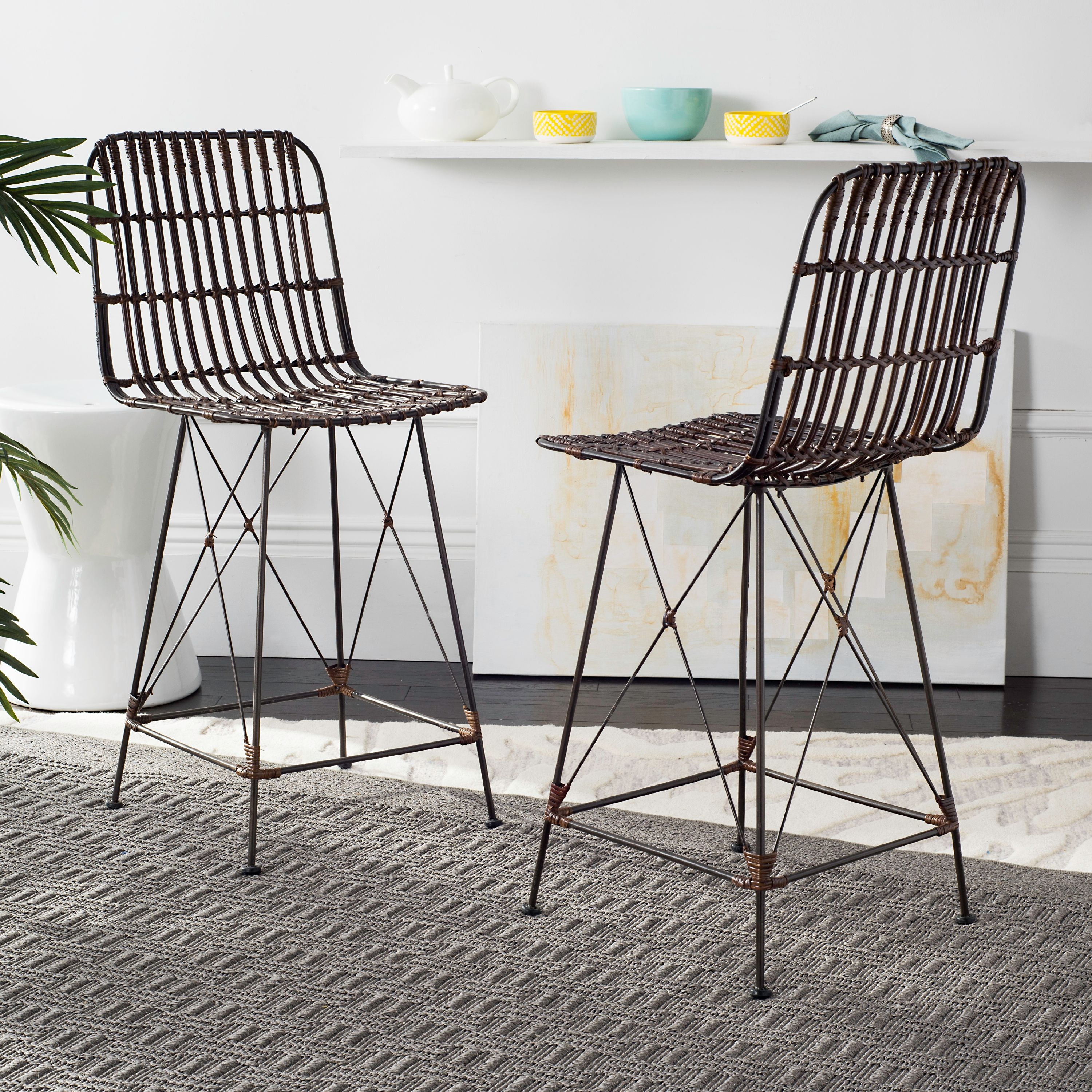 Minerva Brown and Black Wicker Counter Stools, Set of 2