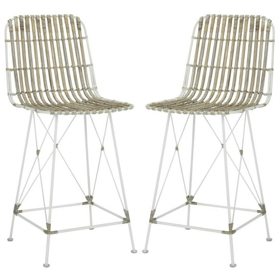 SAFAVIEH Minerva 23" High Wicker Barstool, White/White, Set of 2