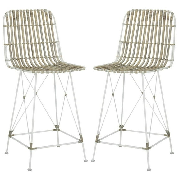 SAFAVIEH Minerva 23" High Wicker Barstool, White/White, Set of 2