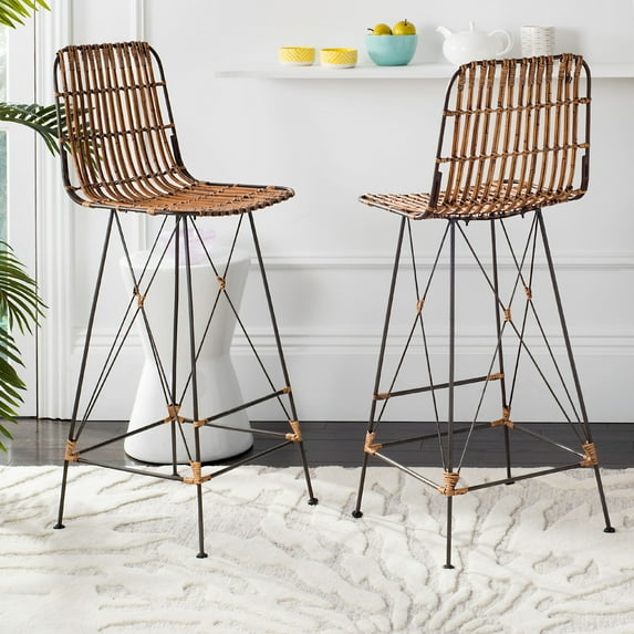SAFAVIEH Minerva 29" High Wicker Barstool, Natural/Black, Set of 2