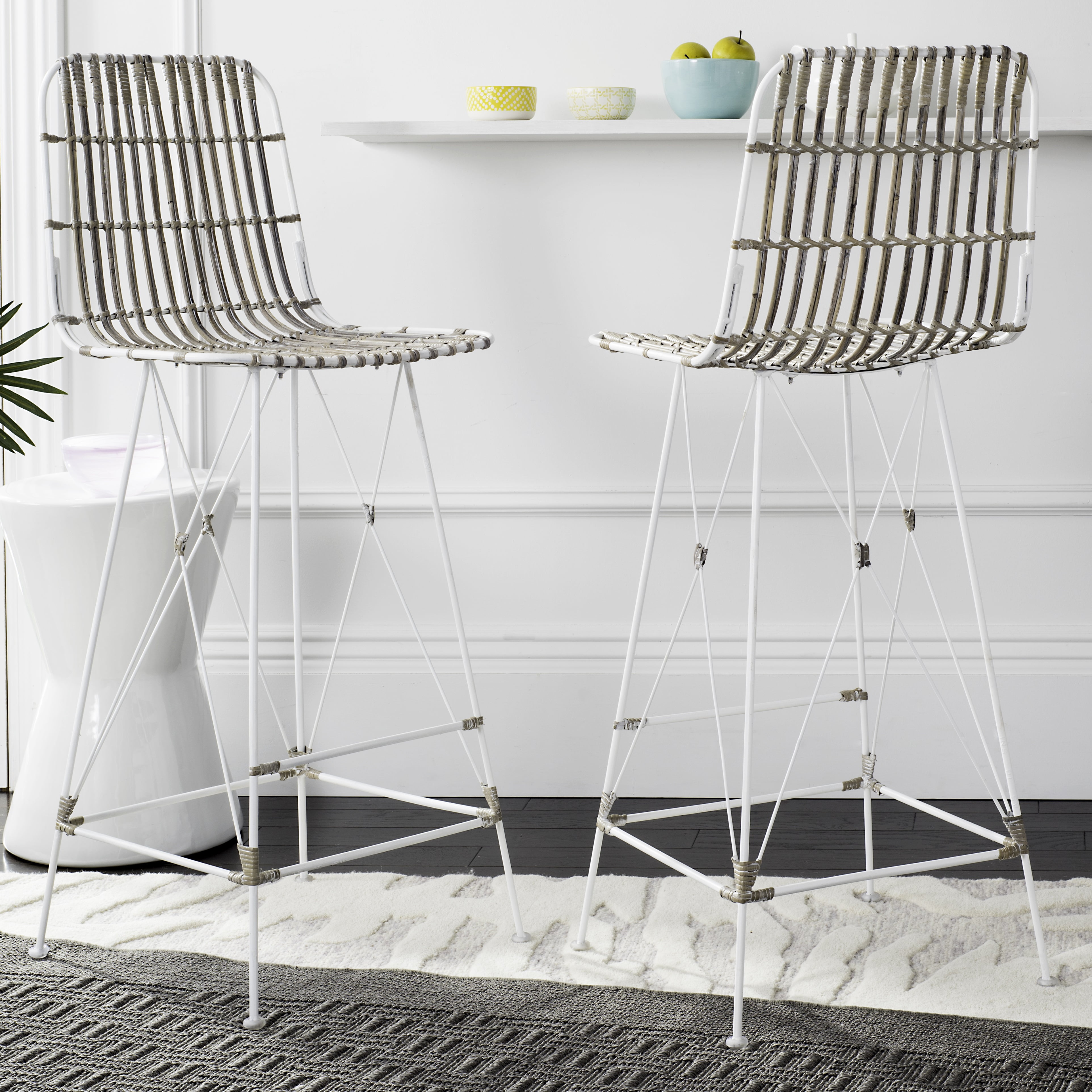 Minerva White Wicker and Metal Bar Stool Set of 2