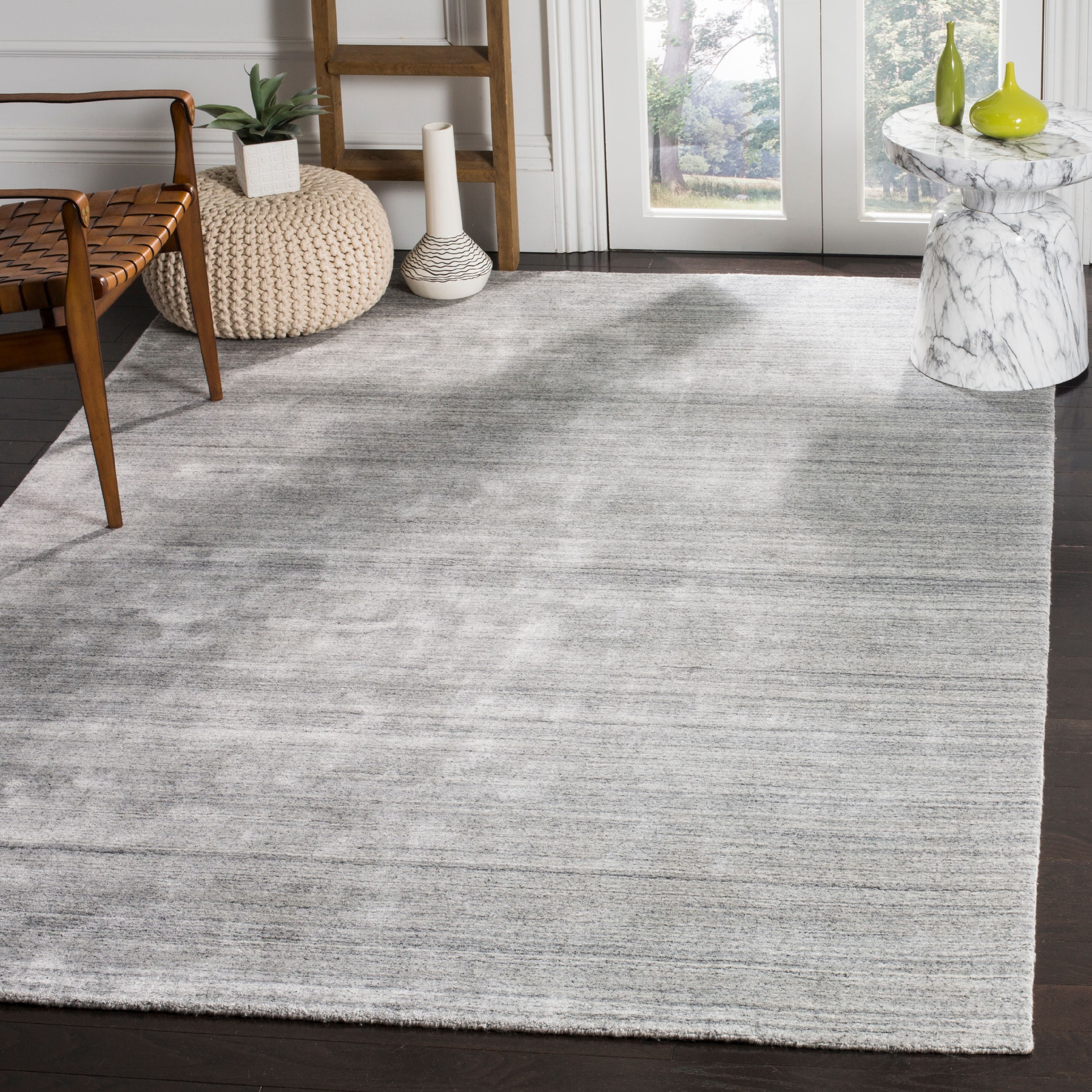 Elegant Ash Gray Hand-Knotted Wool & Viscose 9' x 12' Area Rug