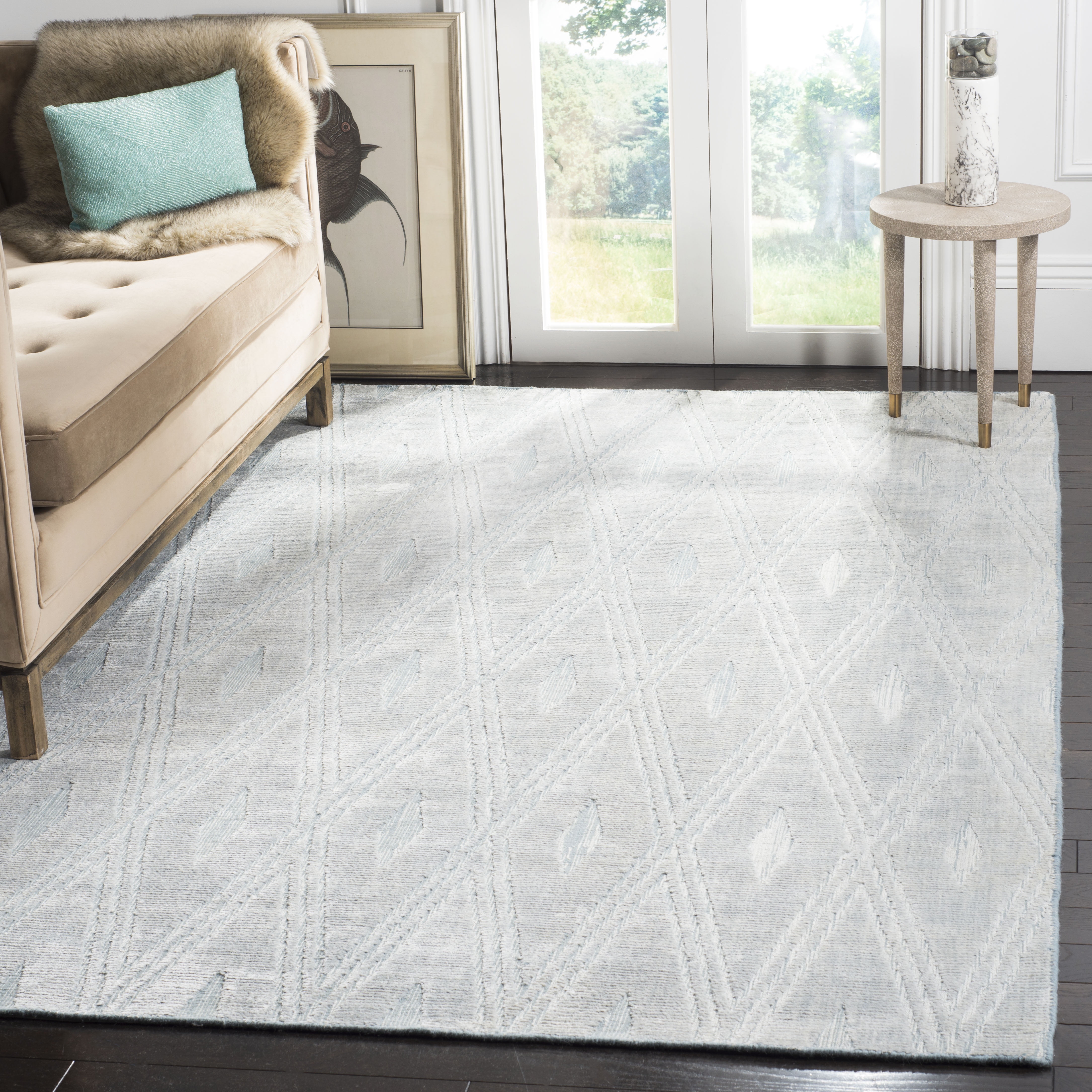 Blue Geometric Hand-Knotted Wool and Viscose Rug, 6' x 9'