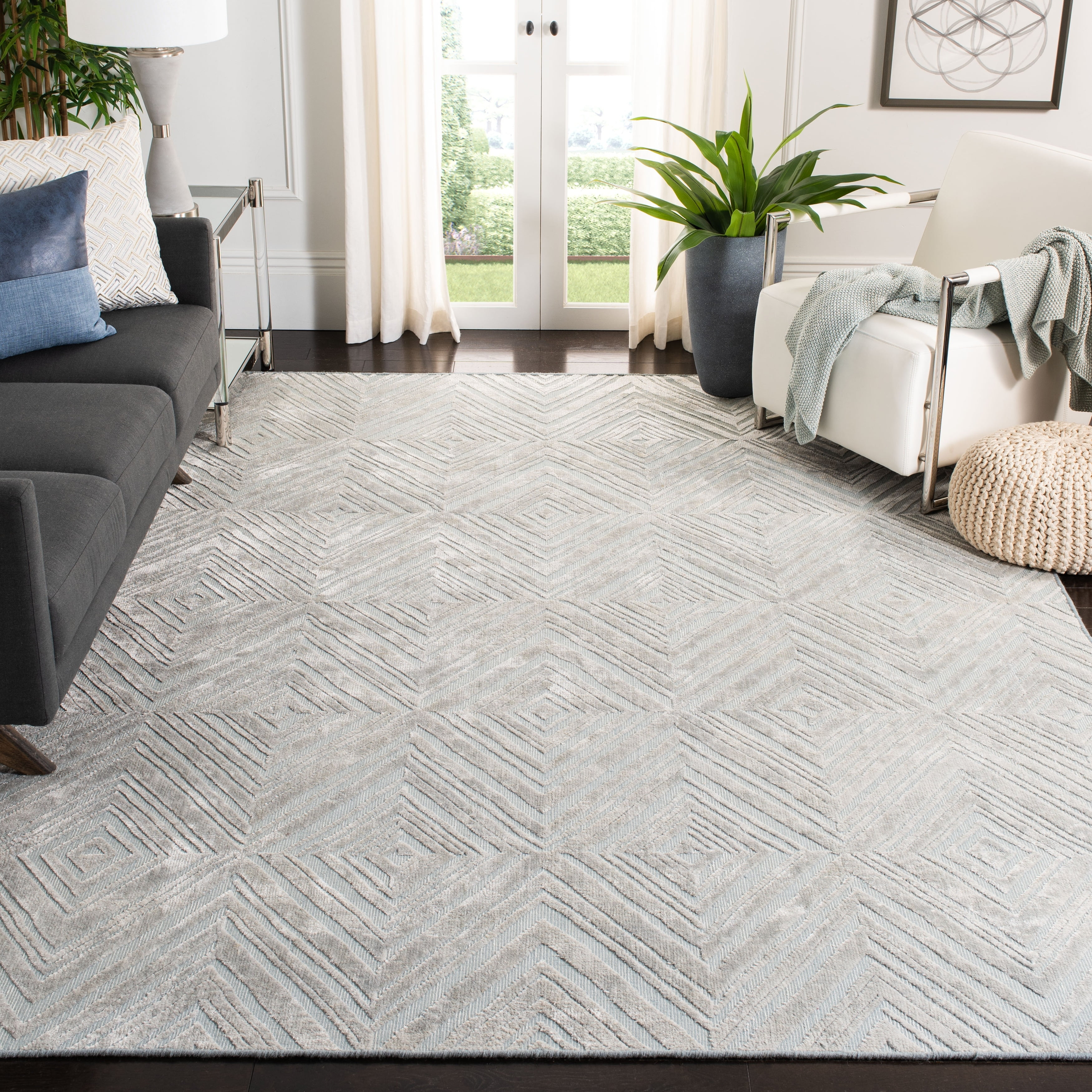 Handmade Blue Geometric Wool and Viscose Area Rug, 8' x 10'