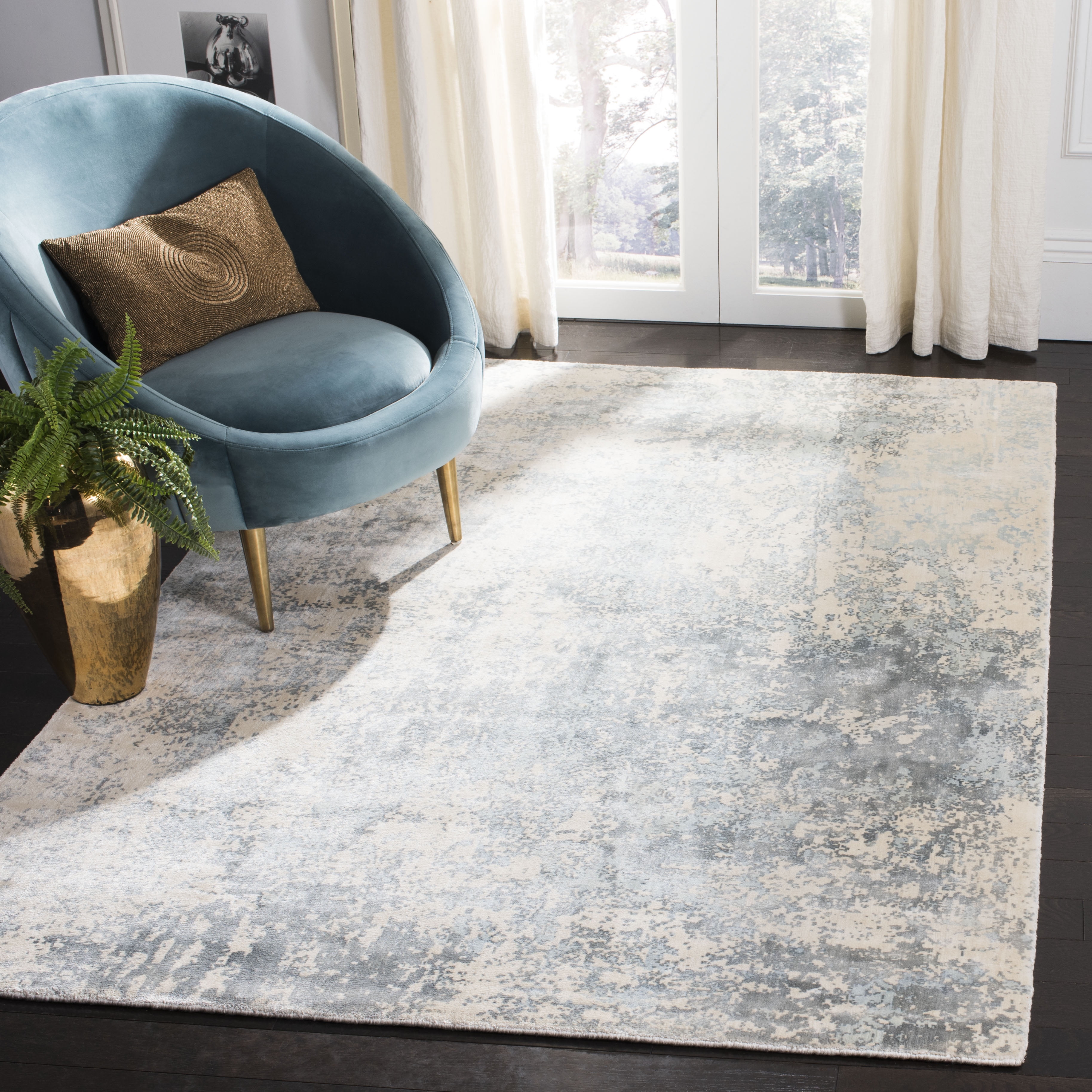 Hand-Knotted Blue and Gray Wool Abstract Area Rug, 10' x 14'