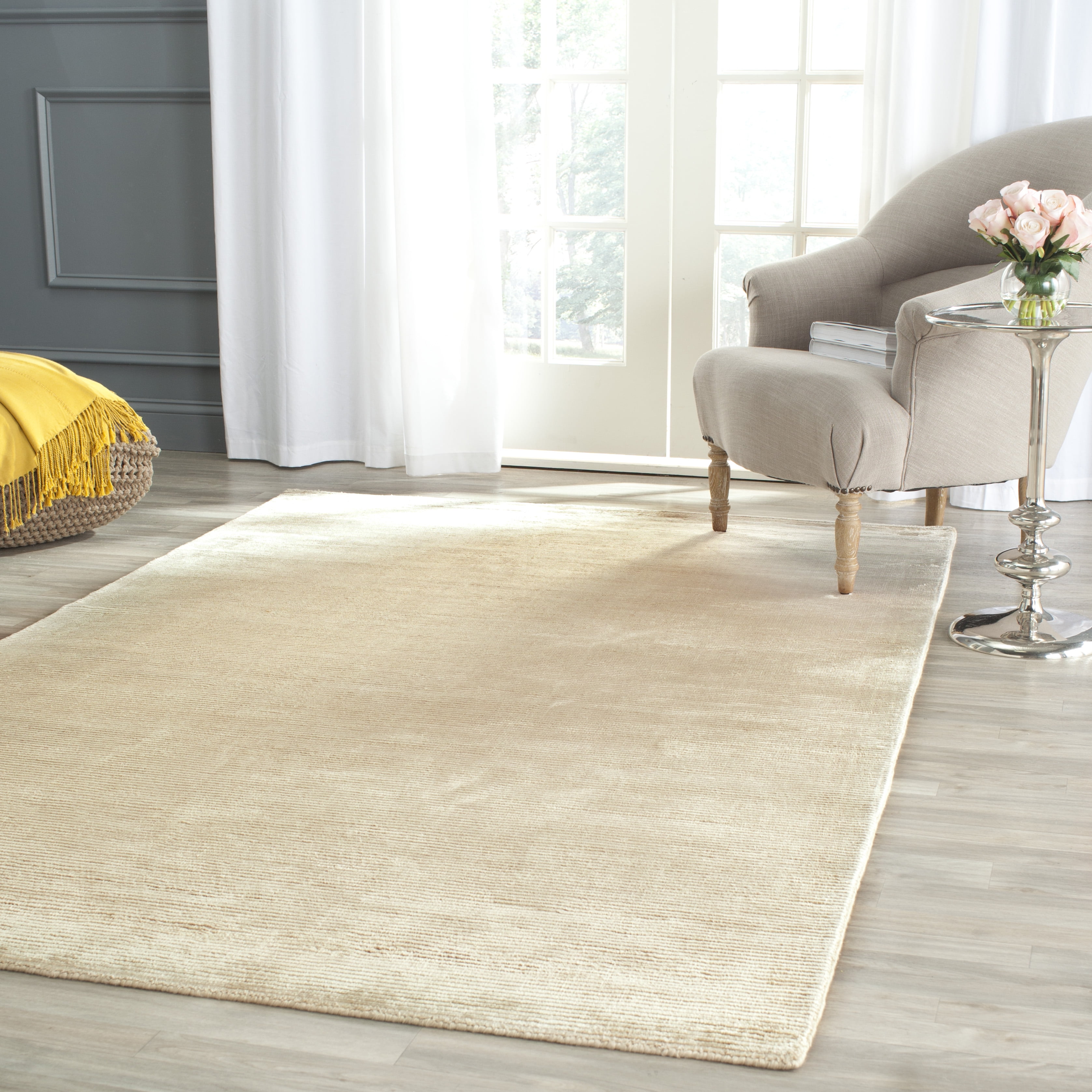 Elegant Beige Hand-Knotted Wool & Viscose 4' x 6' Area Rug