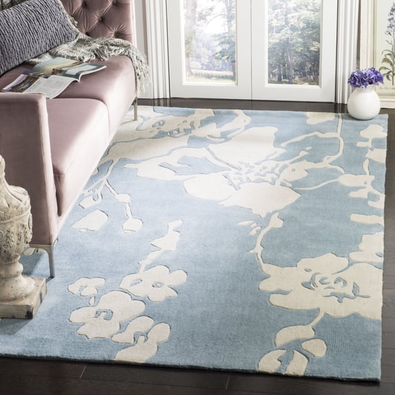 SAFAVIEH Modern Art Flint Floral Polyester Area Rug, Blue/Ivory, 5' x 8'