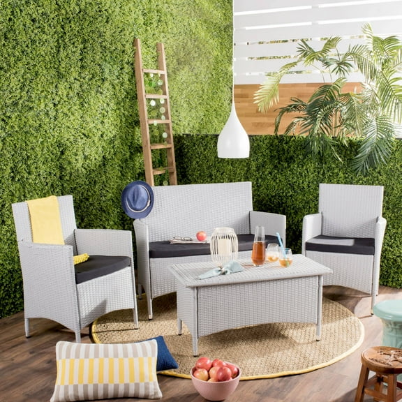 SAFAVIEH Mojavi Outdoor Patio 4 Piece Conversation Set, Grey/Black