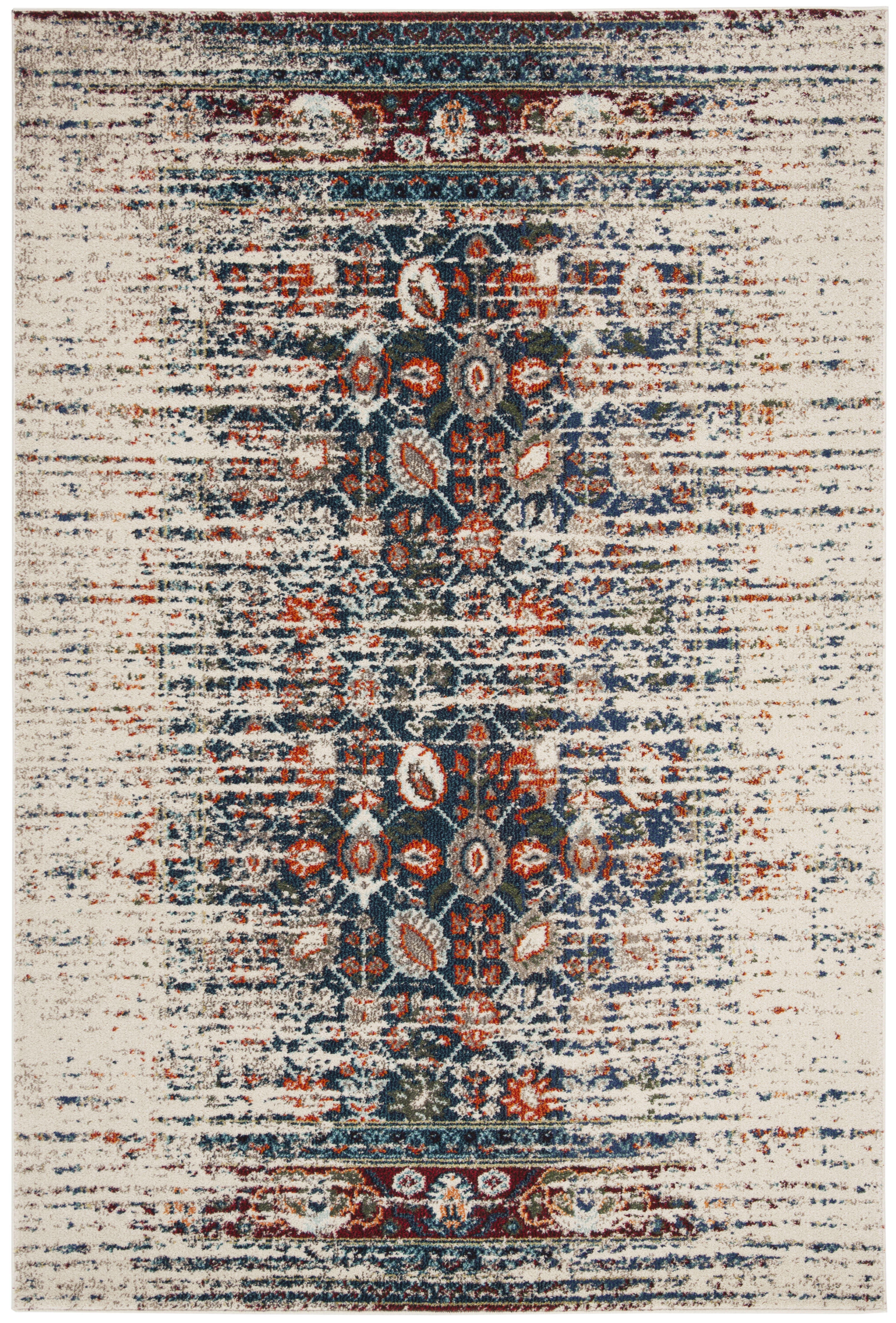 Ivory and Blue Synthetic Boho-Chic Area Rug