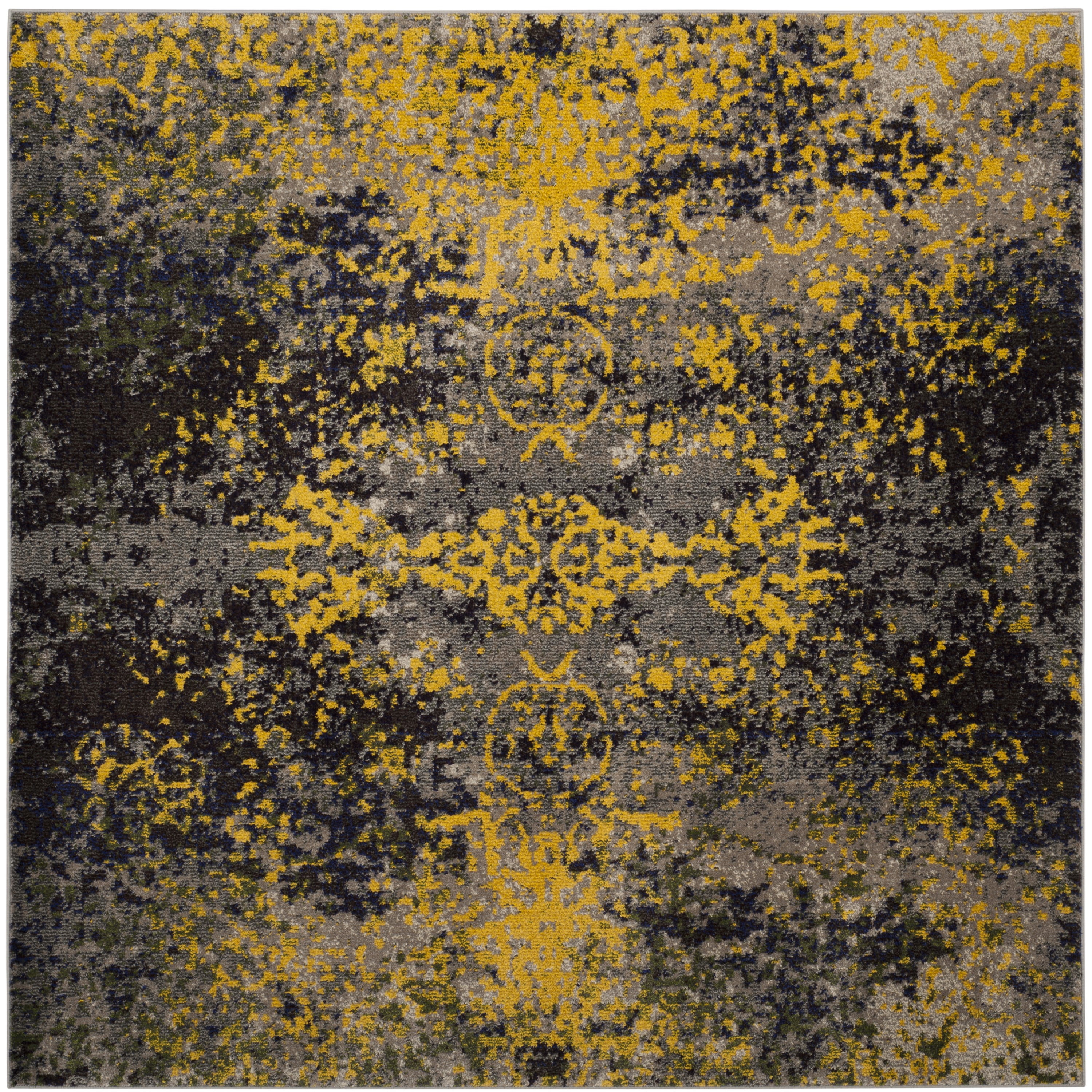 Square Gray and Yellow Abstract Synthetic Area Rug