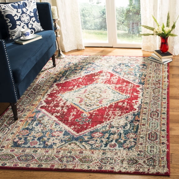 SAFAVIEH Monaco Bruce Overdyed Geometric Area Rug, Ivory/Red, 4' x 5'7"