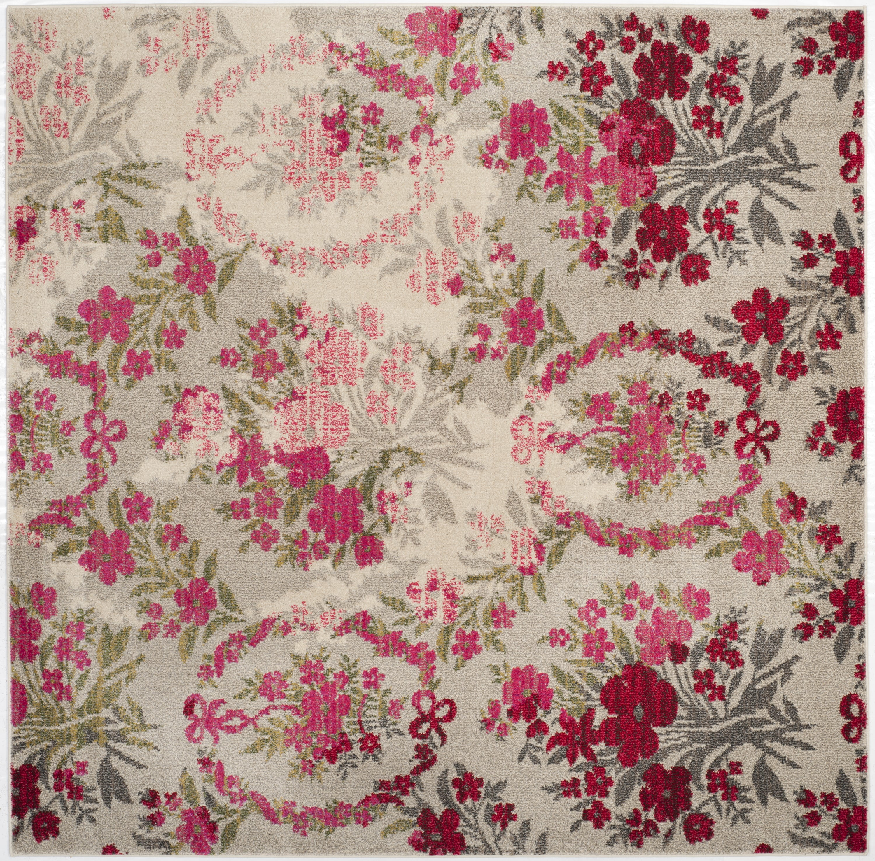 Ivory and Pink Square Synthetic Stain-Resistant Area Rug