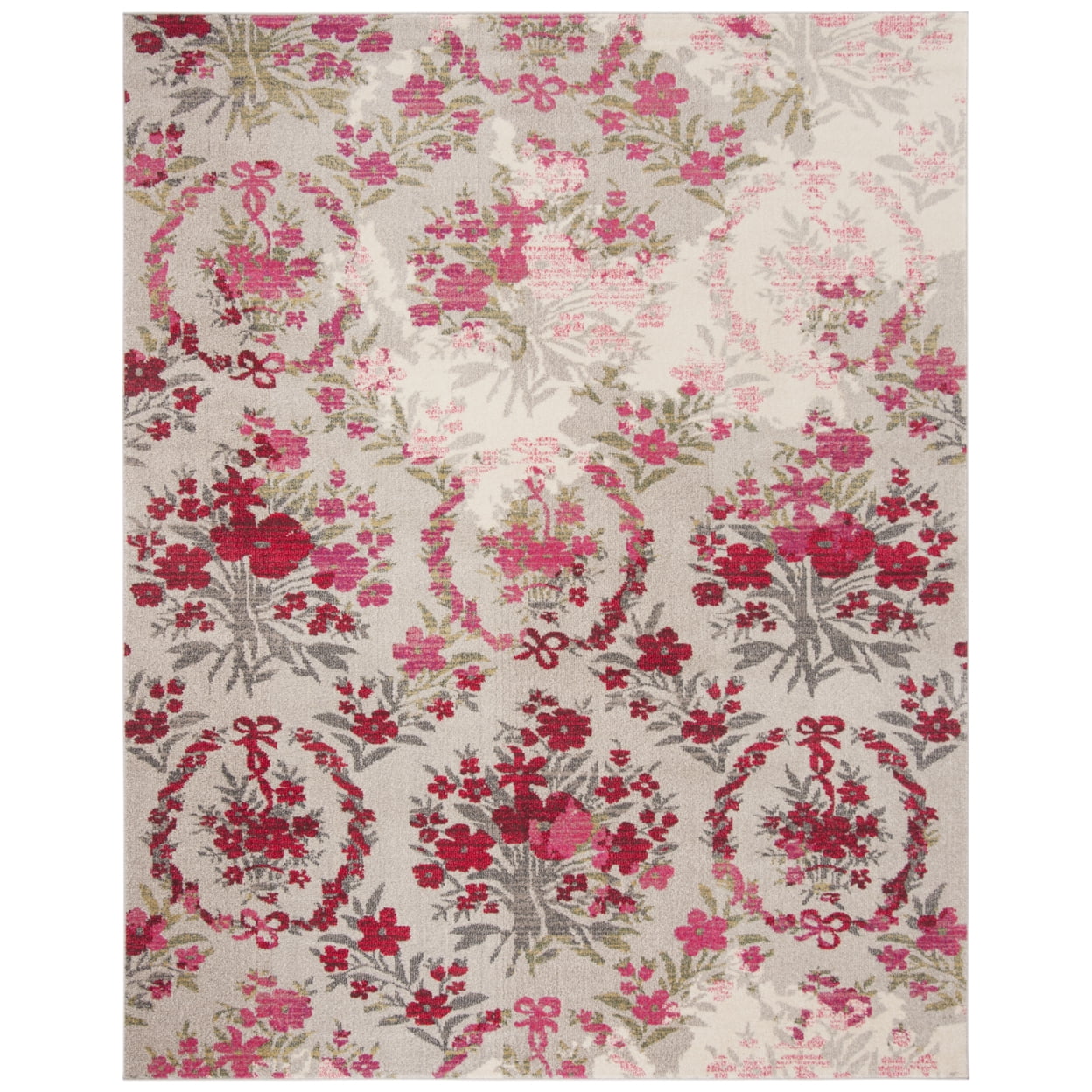 Ivory and Pink Floral Synthetic Rectangular Area Rug
