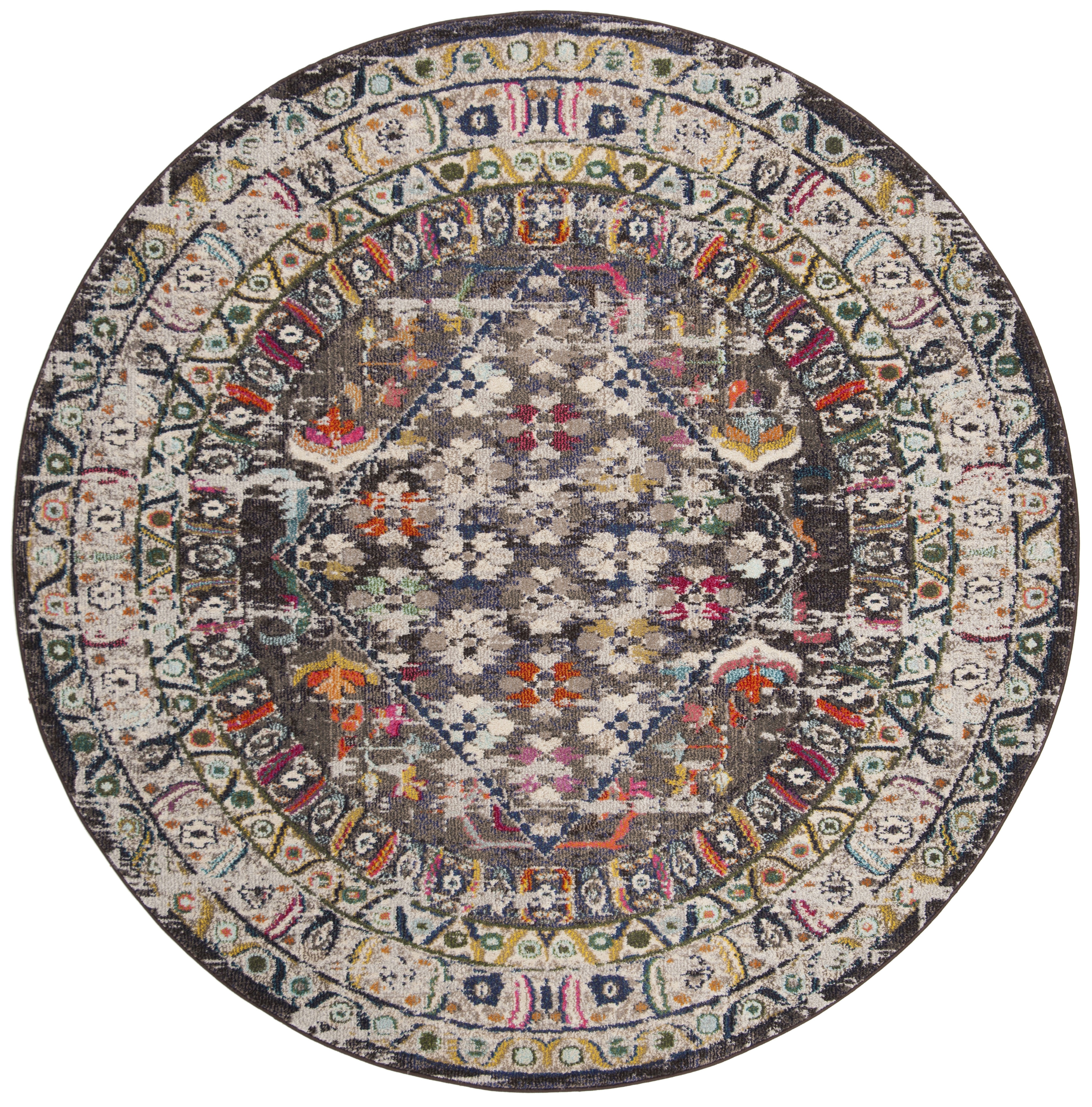 79" Round Gray Floral Synthetic Stain-Resistant Area Rug