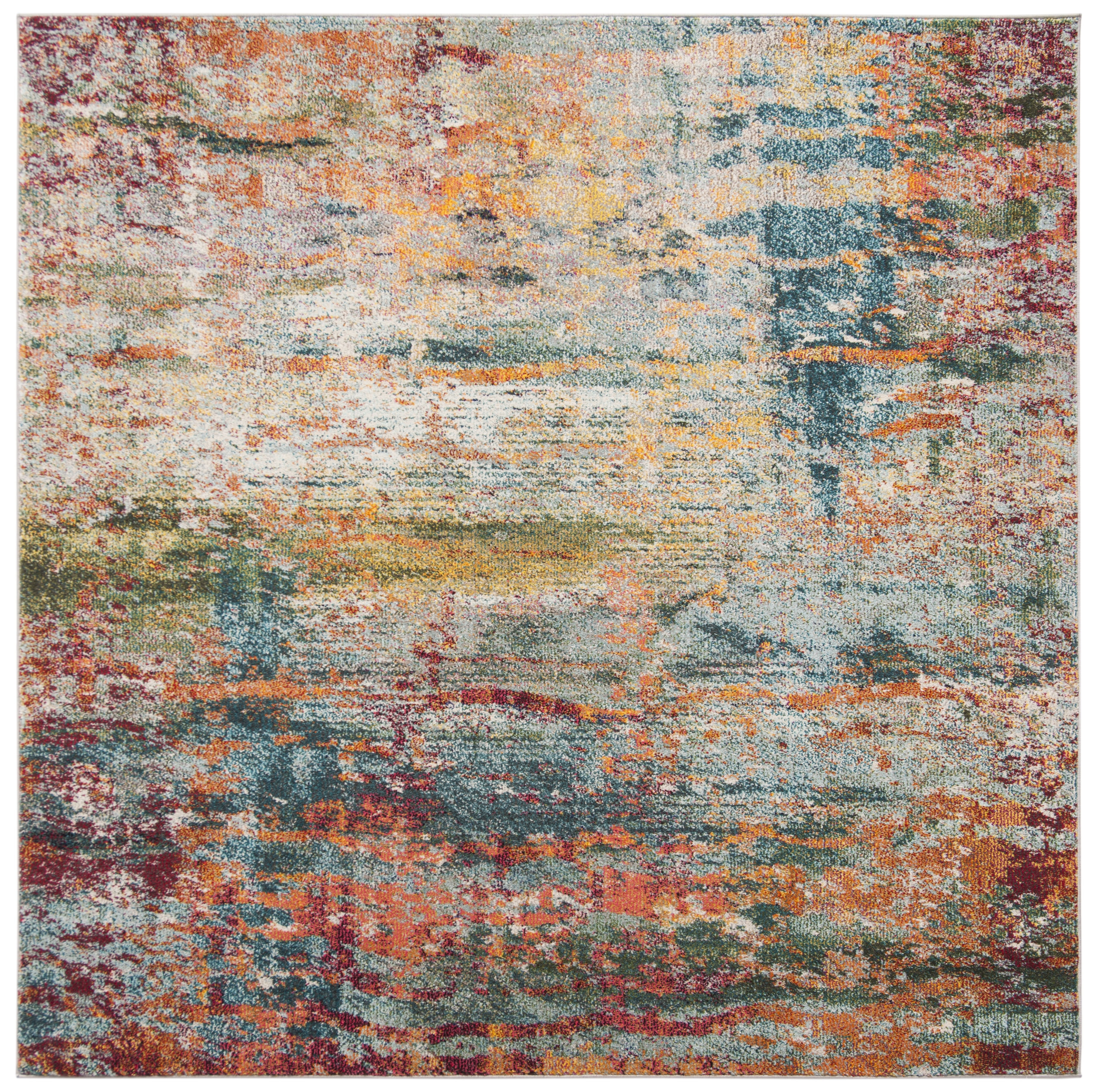 Teal and Orange Abstract Square Area Rug, 5'3" x 5'3"