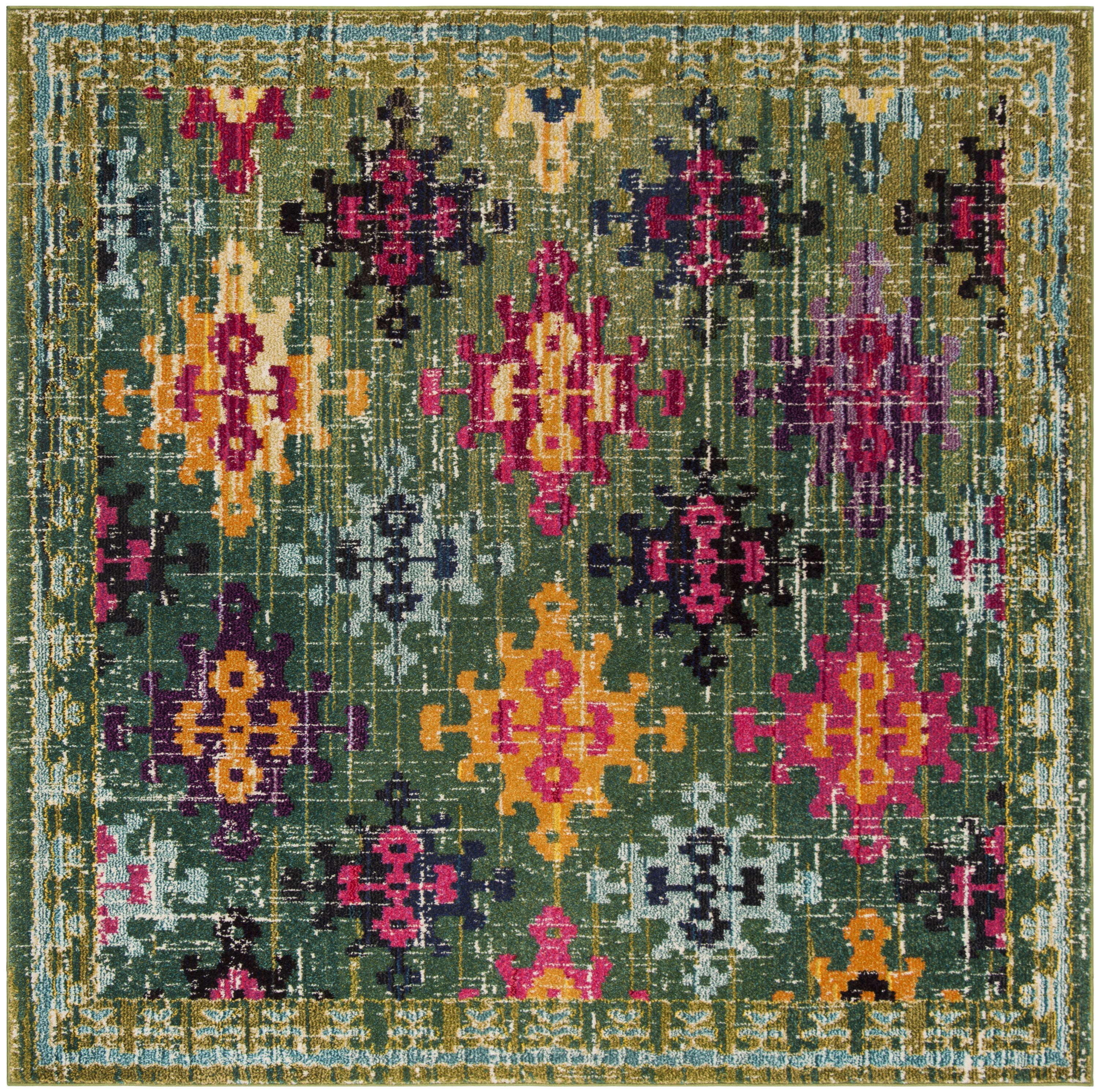 Green Multi Synthetic Square Stain-Resistant Area Rug