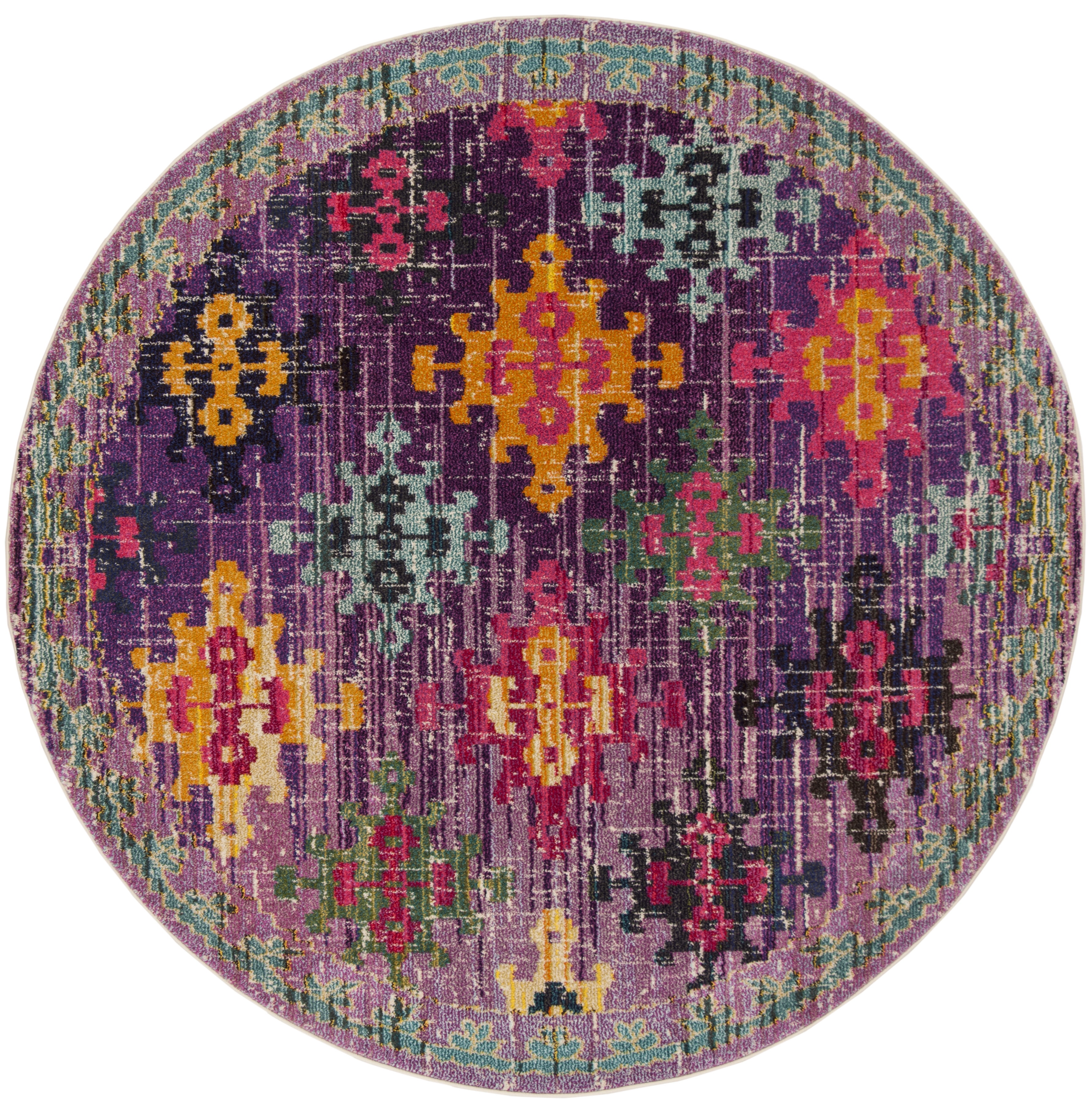 Vibrant Purple and Multicolor Round Synthetic Boho Area Rug