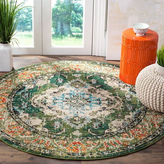 SAFAVIEH Round Rug 3' - Monaco Collection - Traditional Design, Forest Green & Light Blue, Ideal for Living Room, Bedroom, Dining Space