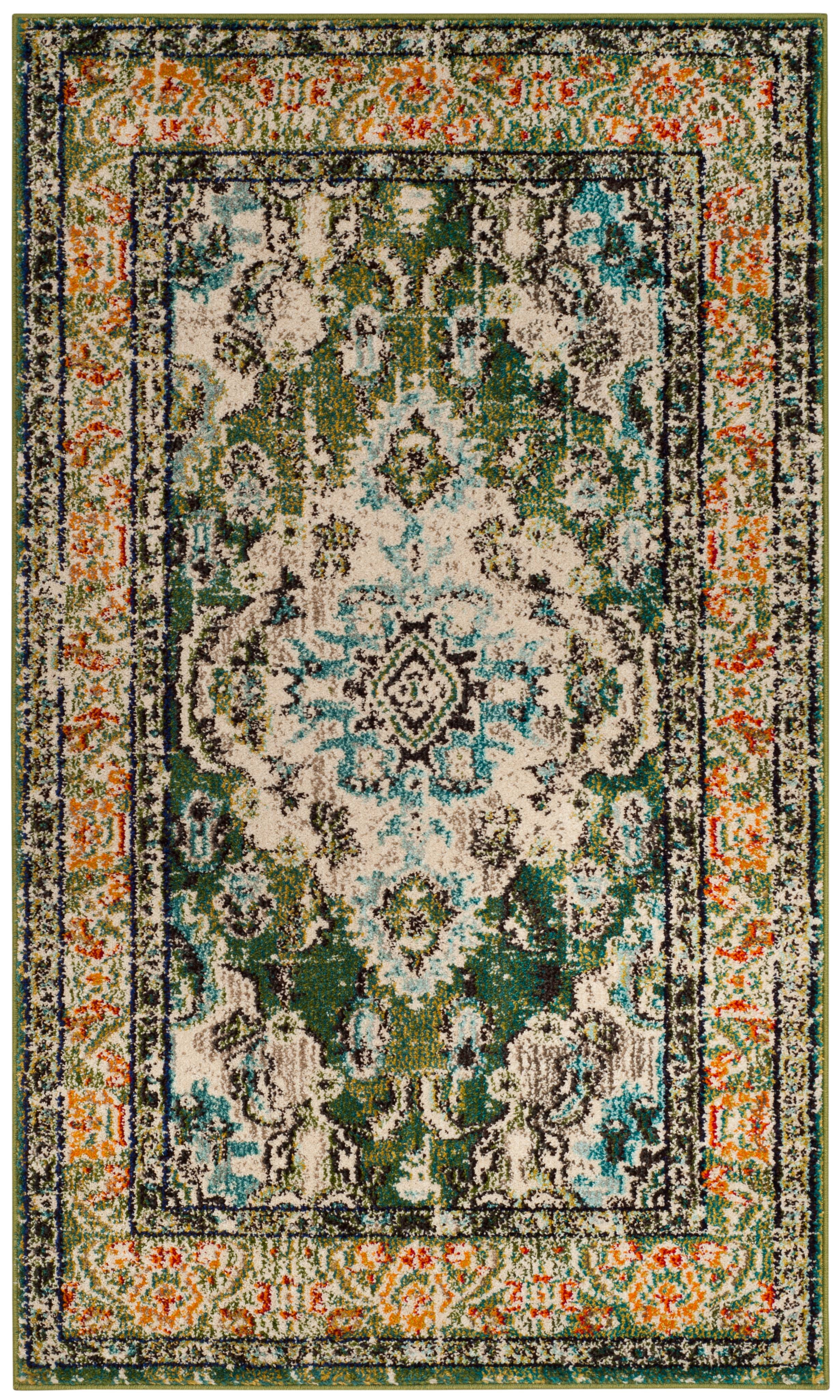 Boho-Chic Forest Green and Light Blue Rectangular Rug