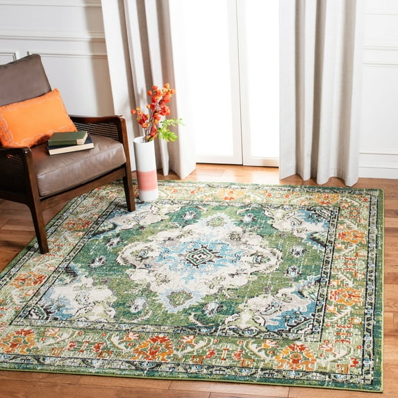 SAFAVIEH Monaco Toria Traditional Area Rug, Forest Green/Light Blue, 4' X 4' Square - Traditional Design, Forest Green & Light Blue, Ideal for Living Room, Bedroom, Dining Space
