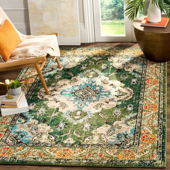 SAFAVIEH Accent Rug 4'x5'7" - Monaco Collection - Traditional Design, Forest Green & Light Blue, Ideal for Living Room, Bedroom, Dining Space, Entryway, Bathroom, Bedside