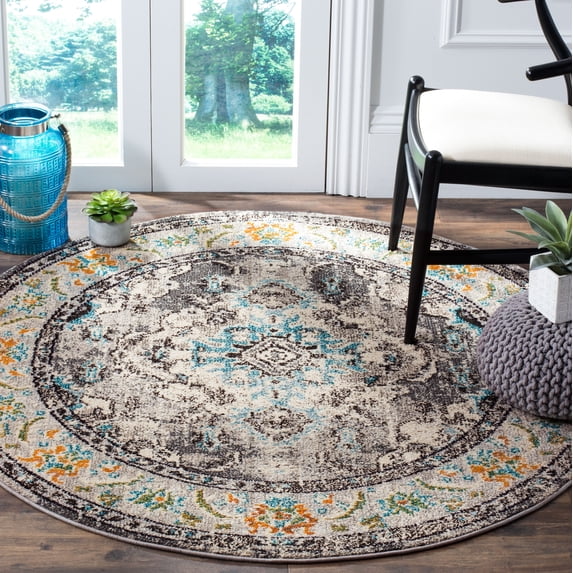 SAFAVIEH Round Rug 3' - Monaco Collection - Traditional Design, Grey & Light Blue, Ideal for Living Room, Bedroom, Dining Space