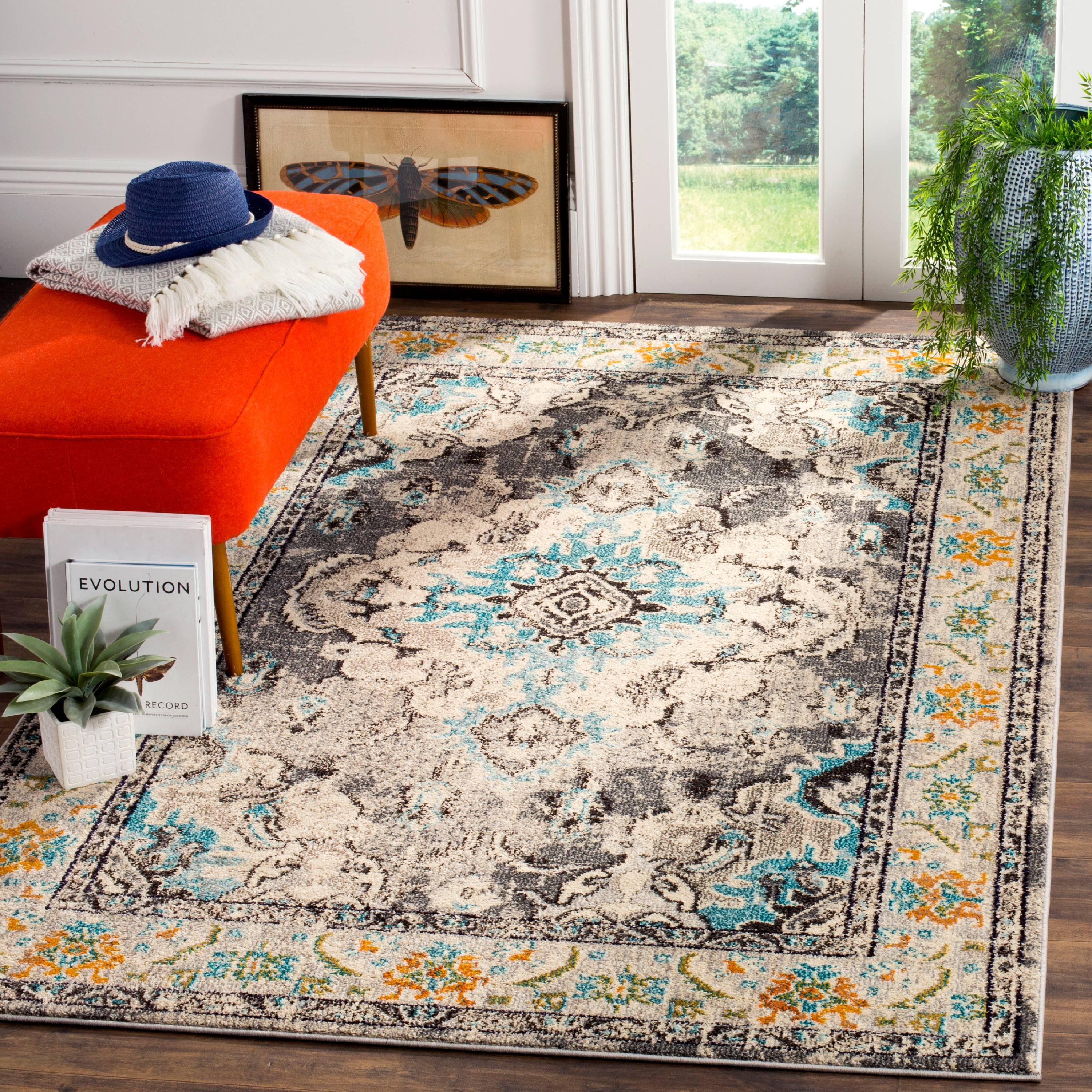 Grey and Orange Medallion 59" Round Synthetic Easy-Care Rug