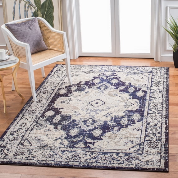 SAFAVIEH Monaco Toria Traditional Area Rug, Ivory/Navy, 5'1" X 7'7" - Traditional Design, Ivory & Navy, Ideal for Living Room, Bedroom, Dining Space