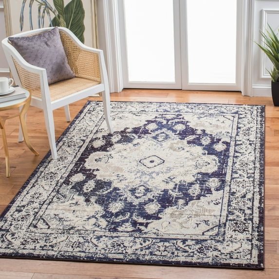 SAFAVIEH Monaco Toria Traditional Area Rug, Ivory/Navy, 9' X 12' - Large - Traditional Design, Ivory & Navy, Ideal for Living Room, Bedroom, Dining Space