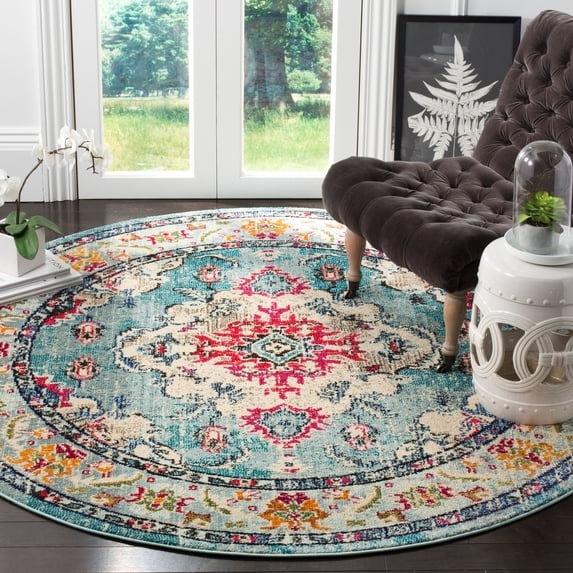 SAFAVIEH Round Rug 11' - Monaco Collection - Large - Traditional Design, Light Blue & Fuchsia, Ideal for Living Room, Bedroom, Dining Space