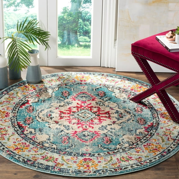 SAFAVIEH Monaco Toria Traditional Area Rug, Light Blue/Fuchsia, 3' x 3' Round