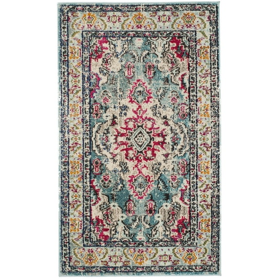 Safavieh Monaco Rug Collection Oriental Boho, Medallion Power Loomed Light Blue/Fuchsia Runner Rugs, 3' x 5', Non-Slip Backing