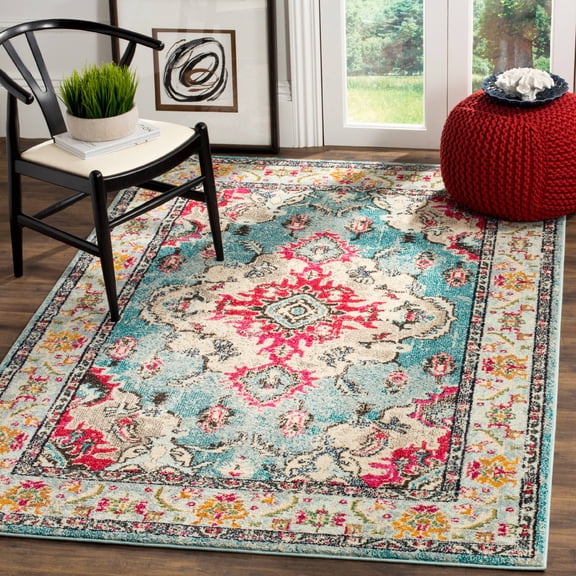 SAFAVIEH Area Rug 5'1"x7'7" - Monaco Collection - Traditional Design, Light Blue & Fuchsia, Ideal for Living Room, Bedroom, Dining Space