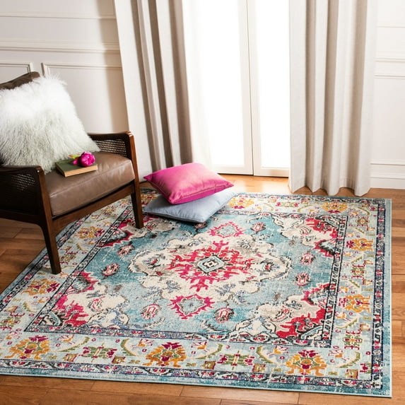 SAFAVIEH Square Rug 9' - Monaco Collection - Large - Traditional Design, Light Blue & Fuchsia, Ideal for Living Room, Bedroom, Dining Space
