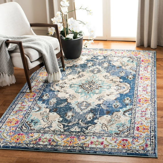 SAFAVIEH Monaco Toria Traditional Area Rug, Navy/Light Blue, 6'7" x 9'2" - Traditional Design, Navy & Light Blue, Ideal for Living Room, Bedroom, Dining Space