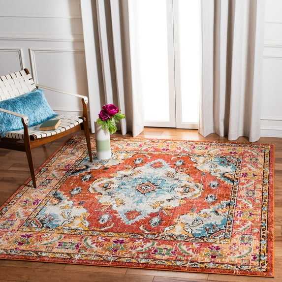 SAFAVIEH Square Rug 11' - Monaco Collection - Large - Traditional Design, Orange & Light Blue, Ideal for Living Room, Bedroom, Dining Space