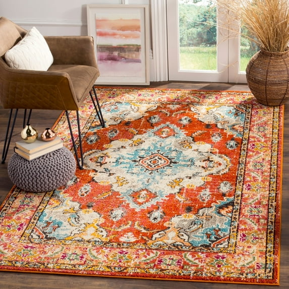 SAFAVIEH Accent Rug 3x5 - Monaco Collection - Traditional Design, Orange & Light Blue, Ideal for Living Room, Bedroom, Dining Space, Entryway, Bathroom, Bedside