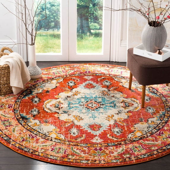SAFAVIEH Round Rug 9' - Monaco Collection - Large - Traditional Design, Orange & Light Blue, Ideal for Living Room, Bedroom, Dining Space