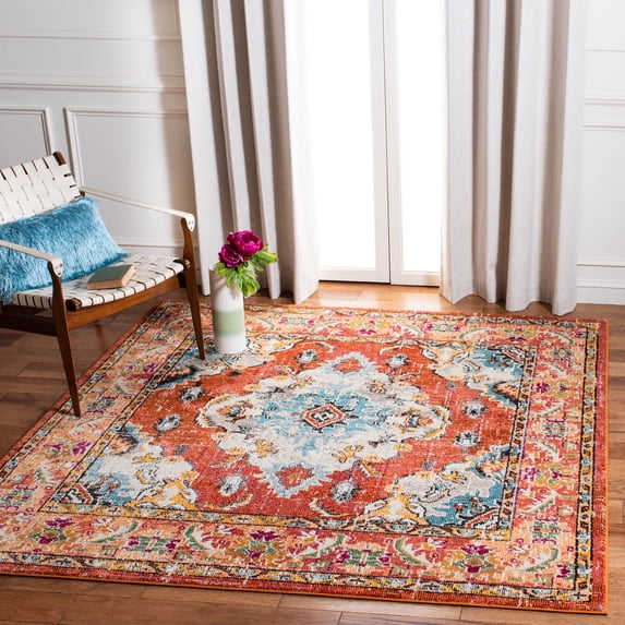 SAFAVIEH Square Rug 9' - Monaco Collection - Large - Traditional Design, Orange & Light Blue, Ideal for Living Room, Bedroom, Dining Space