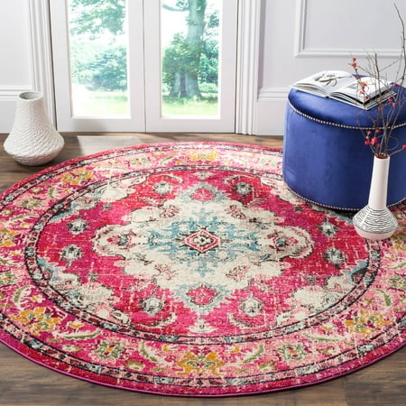 SAFAVIEH Round Rug 3' - Monaco Collection - Traditional Design, Pink & Multi, Ideal for Living Room, Bedroom, Dining Space