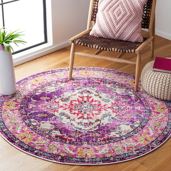 SAFAVIEH Round Rug 5' - Monaco Collection - Traditional Design, Violet & Fuchsia, Ideal for Living Room, Bedroom, Dining Space