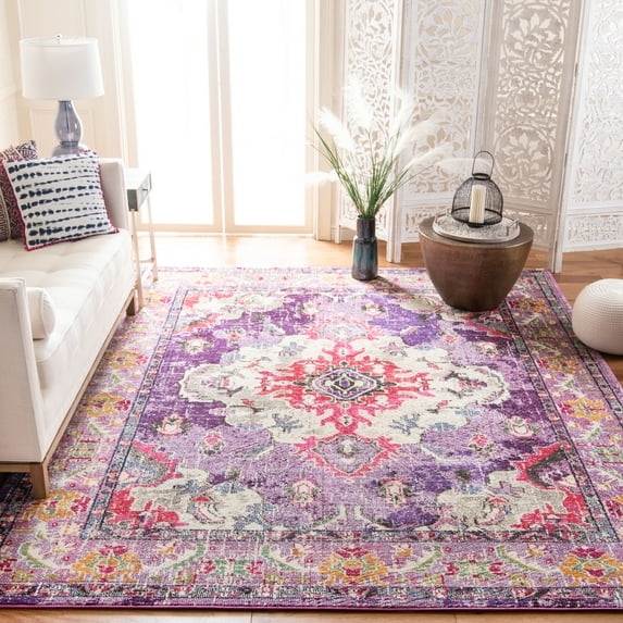 SAFAVIEH Square Rug 6'7" - Monaco Collection - Traditional Design, Violet & Fuchsia, Ideal for Living Room, Bedroom, Dining Space