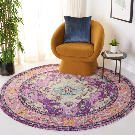 SAFAVIEH Round Rug 6'7" - Monaco Collection - Traditional Design, Violet & Light Blue, Ideal for Living Room, Bedroom, Dining Space