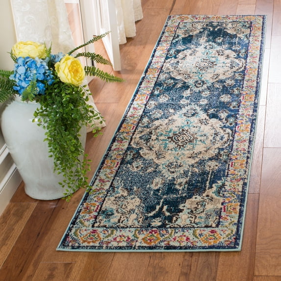 SAFAVIEH Monaco Toria Traditional Runner Rug, Navy/Light Blue, 2'2" x 14' - Traditional Design, Navy & Light Blue, Ideal for Living Room, Bedroom, Dining Space, Entryway, Hallway, Kitchen