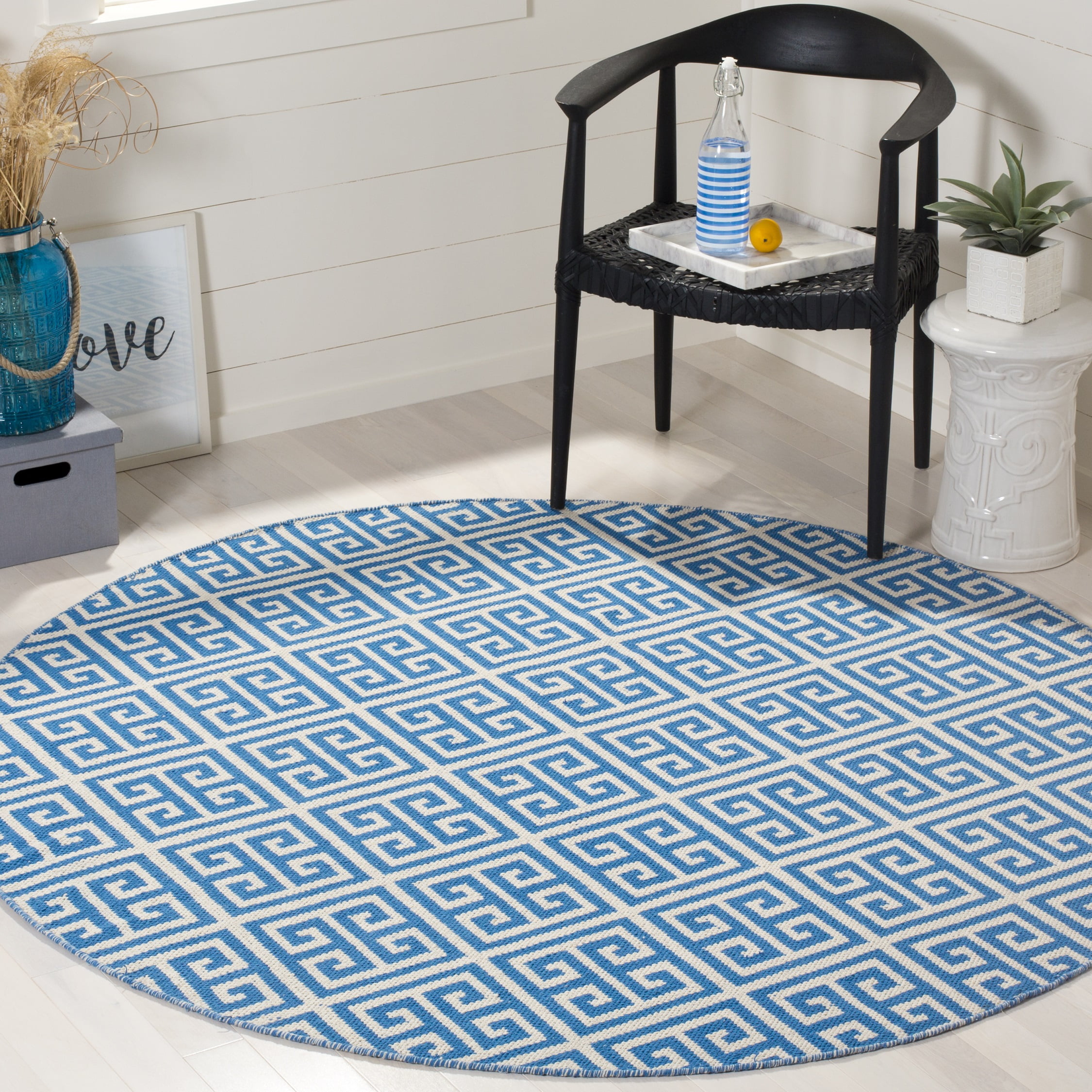 Blue and Ivory Round Flat Woven Wool and Cotton Area Rug