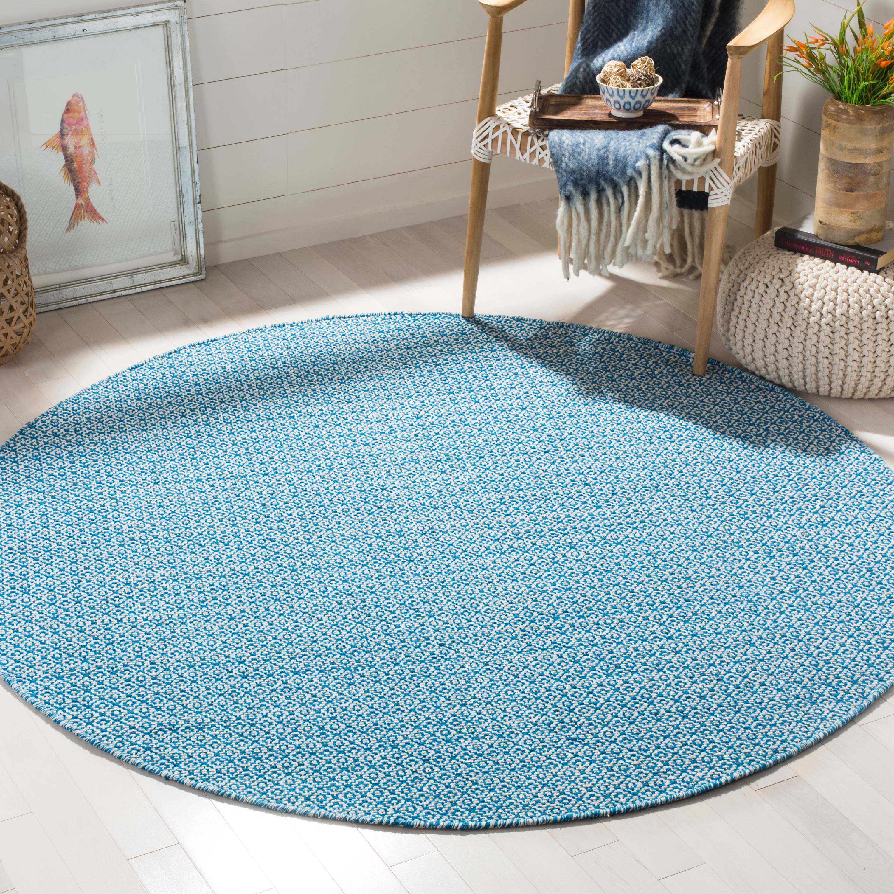 SAFAVIEH Montauk Audra Geometric Cotton Area Rug, Ivory/Blue, 6' x 6' Round