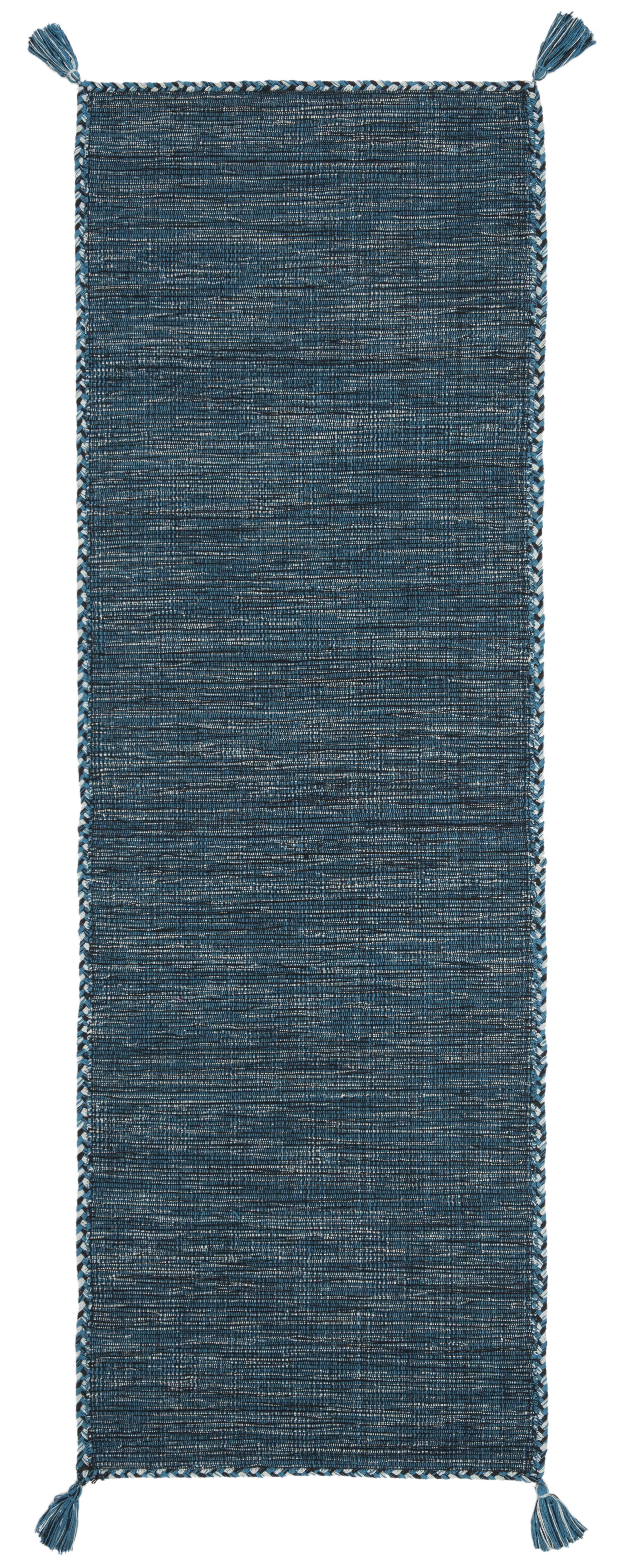 Handwoven Blue and Black Cotton Runner Rug with Tassels
