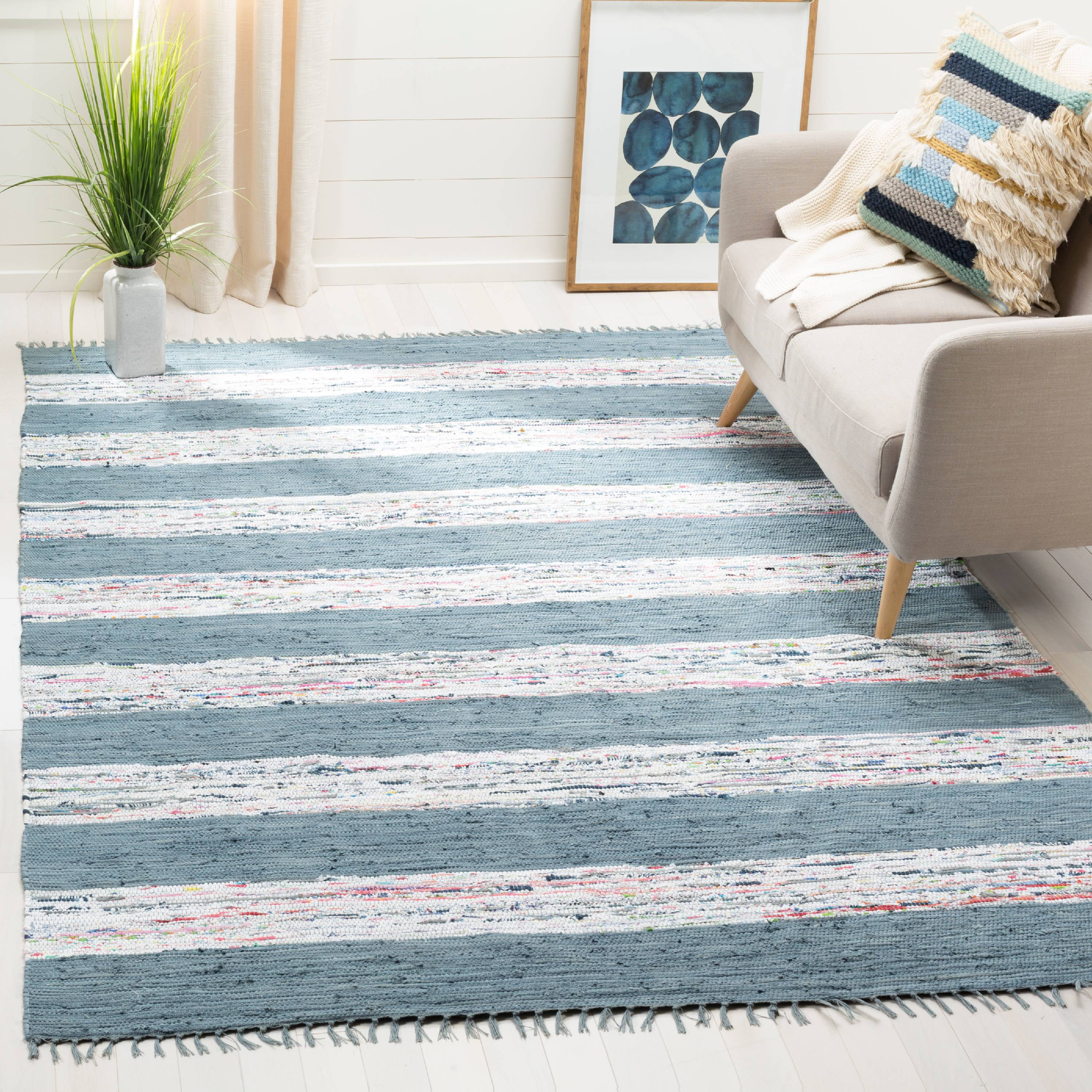 Ivory and Grey Striped Handwoven Cotton Wool Area Rug