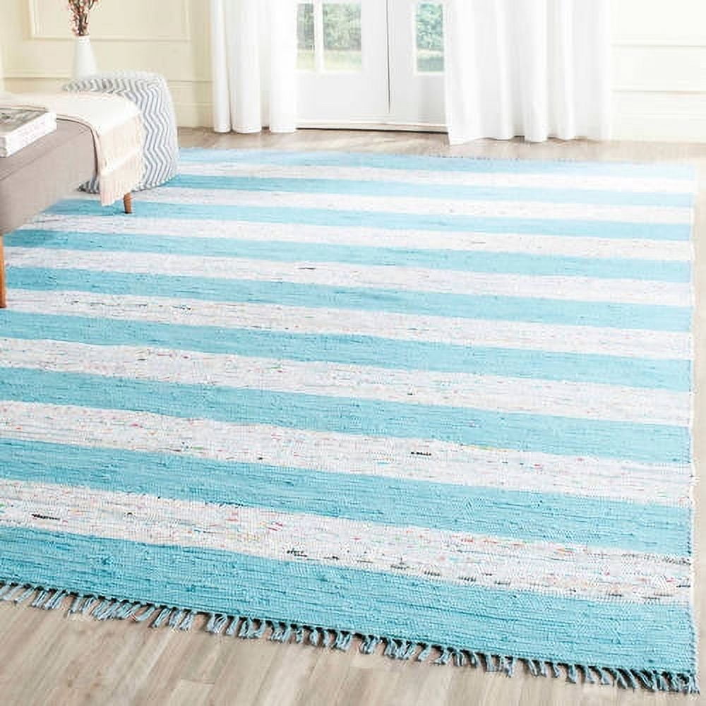 Ivory and Turquoise Striped Cotton 4' x 6' Handmade Rug